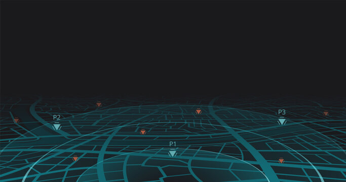 Stylized map of a futuristic cyber city featuring neon elements. Online digital service for vehicle with location search. Generic city map with signs of streets, roads. Vector illustration