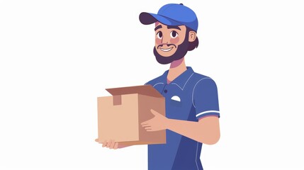 Delivery personnel in blue uniform delivering package in cardboard box Male worker in cap and T shirt serving as courier agent Concept of delivery service depicted on white background with s