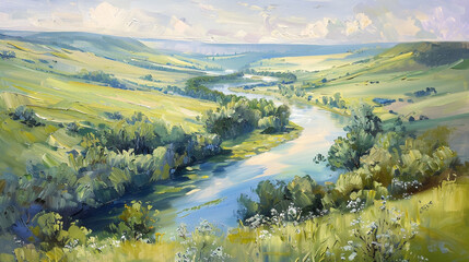 Valley with a lazy summer river, depicted in an impressionistic oil painting with lush greens and soft blues,