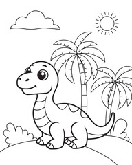 
Coloring page for children with a little cute dinosaur on a background with palm trees and the sun. Vector illustration.