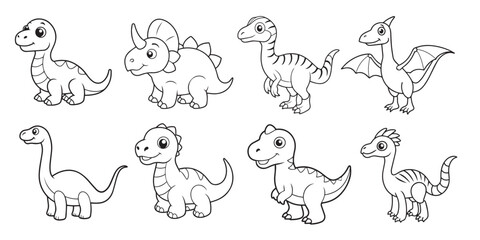 Collection of cute cartoon little dinosaurs for stickers, coloring pages and designs for kids. Vector illustration.