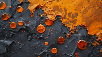 Vibrant widescreen abstract art with oil drops in electric orange and dark slate grey, creating a bold and dynamic composition,