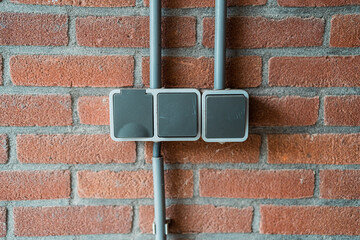 Modern Outdoor Electrical Outlets on a Red Brick Wall, Urban Infrastructure Detail