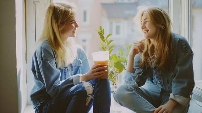 Two young caucasian girls friends enjoy conversation and drink coffee sitting on windowsill during day. Blondes wear casual denim. Positive human emotions concept