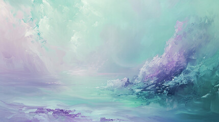 Oil painting of a surreal landscape in pastel lavender and soft mint green, featuring abstract elements,