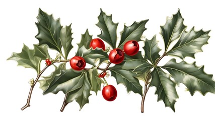 Isolated Holly plant sprig on clear background, vintage botanical drawing