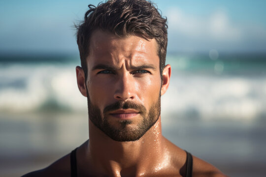 Portrait of a handsome man looking at the camera on the beach. Male professions