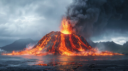 Volcano Erupting With Lava Flow