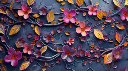 A vibrant, elegant 3D illustration of flowers and leaves on tree branches, creating a mesmerizing abstract pattern for interior mural painting wall art decor, with lifelike detail.