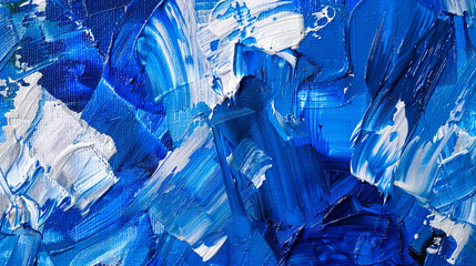 Rough expressive brushstrokes on a vibrant cobalt blue and bright white abstract canvas closeup,