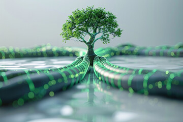 Technological trees growing on network lines, Arbor Day green energy smart agriculture concept illustration