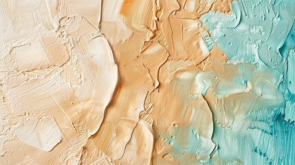 Closeup of warm tan and cool aqua oil painting in widescreen, highlighting rough texture and fluid blending,