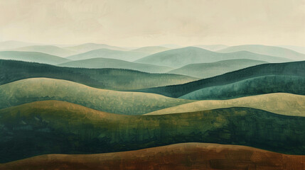 Abstract landscape in oil with forest green rolling hills and earthy brown tones,