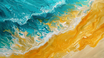 Contemporary oil painting of a surreal beach scene, featuring abstract turquoise waves and sand yellow,