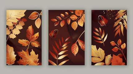 Autumnal vector art illustrations set of three in shades of maroon, orange, and gold,