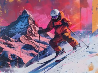 A Bold and Dynamic Skiing Adventure through a Vibrant Landscape art