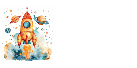 Fototapeta premium A spaceship taking off. Watercolor illustration. Horizontal orientation, empty space for text on the right, white background.