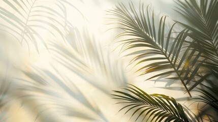 Fototapeta premium Blurred shadow of palm leaves on light cream wall