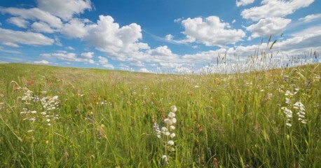 Fototapeta premium Sunny meadow with a mix of tall grass and wildflowers swaying in the gentle breeze