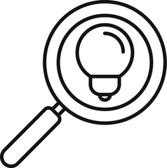 Simplistic line drawing of a magnifying glass focused on a light bulb, symbolizing idea inspection
