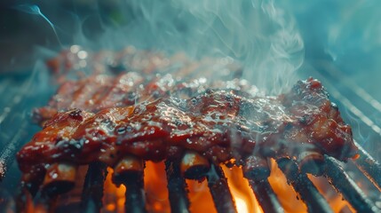 Juicy barbecued ribs with smoke, close up, mouthwatering aroma, surreal, Silhouette, outdoor grill backdrop