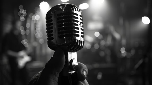 Hand gripping a vintage microphone, close up, intimate black and white scene, realistic, Silhouette, recording studio backdrop