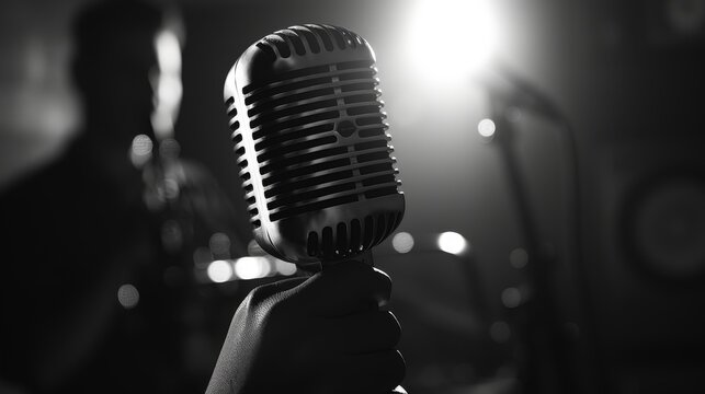 Hand gripping a vintage microphone, close up, intimate black and white scene, realistic, Silhouette, recording studio backdrop