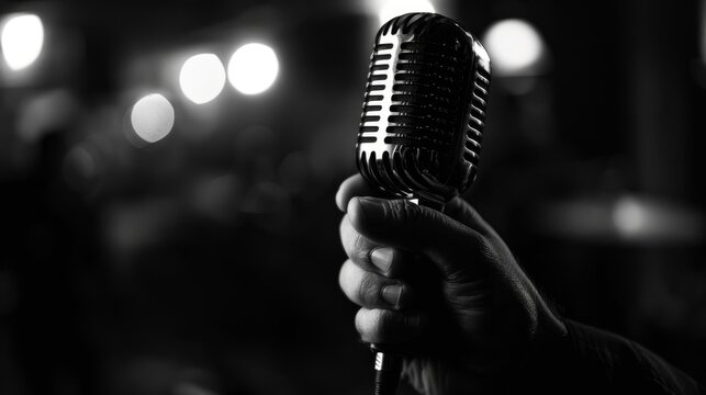 Hand gripping a vintage microphone, close up, intimate black and white scene, realistic, Silhouette, recording studio backdrop