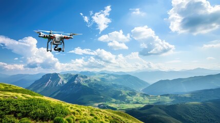 a drone camera hovering in mid-air against the majestic backdrop of picturesque mountains, offering a bird's-eye view of the rugged terrain and sweeping landscapes below.