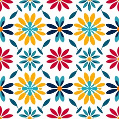 Colorful seamless pattern with abstract floral shapes in vibrant shades of blue, yellow, orange, and red on a white background, ideal for textiles, wallpapers, tile

Abstract floral pattern