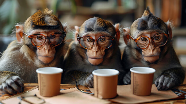 Three Monkeys Wearing Glasses at Table With Coffee Cups
