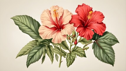 Hibiscus isolated on a clear background, vintage botanical drawing