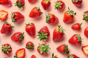 pattern of strawberries on a pastel peach background, flat lay