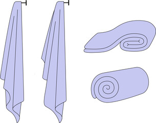 Hotel bath towel line icons. Stacked textile fabric, fluffy roll for bathroom and kitchen, vector illustration of folded and hanging towels for bathroom isolated on white background