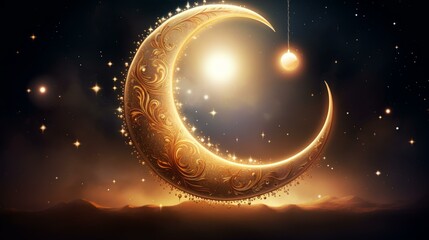 Captivating artwork of a crescent moon glowing in the night sky with twinkling stars on a clean background.