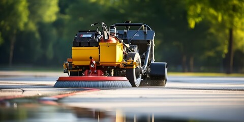 A road marking machine painting a yellow line on heated asphalt as it moves forward at a constant speed. Concept Road Marking Machine, Yellow Line Painting, Heated Asphalt, Constant Speed Movement