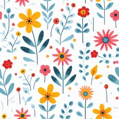 Colorful seamless pattern with abstract floral shapes in vibrant shades of blue, yellow, orange, and red on a white background, ideal for textiles, wallpapers, tile

Abstract floral pattern