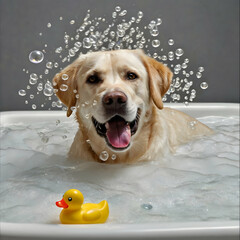  A Labrador, sporting glasses and a rubber duck crown, relaxes in a bubble bath, gazing directly at the camera with a wagging tongue and a content expression.