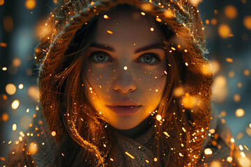 A striking image of a girl magician or witch conjuring beautiful radiance and illuminations, with the manifestation of magic creating an enchanting and mystical atmosphere