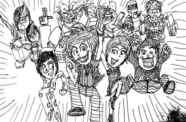 Hand drawing of multi caricatures in one frame 