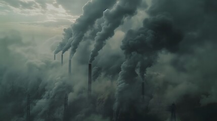 Fototapeta premium 3. Smokestacks emitting dark clouds of pollution into the atmosphere, illustrating the contribution of human activities to climate change.