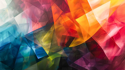 A vibrant abstract composition with overlapping translucent shapes and vibrant hues, evoking a sense of chaos and harmony