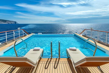 Fototapeta premium Open swimming pool on cruise ship with sunbeds on deck. Advertising for cruise vacation, travel agency. Generate AI