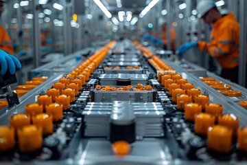 Obraz premium Factory line with workers in orange suits and blue gloves