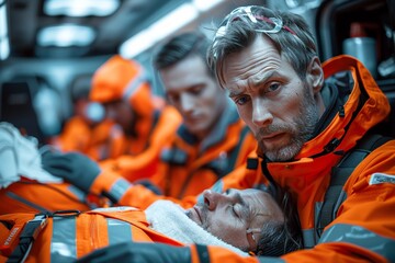 Man in orange jacket holding baby