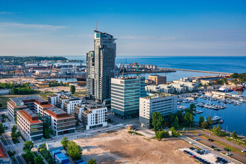 Obraz premium Aerial landscape of the harbor in Gdynia with modern architecture in setting sun. Poland