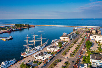 Aerial landscape of the harbor in Gdynia with modern architecture in setting sun. Poland