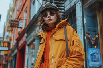 Fototapeta premium Woman in yellow jacket and hat in front of building