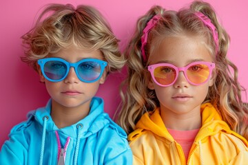 Obraz premium Two little girls wearing bright colored sunglasses on pink background