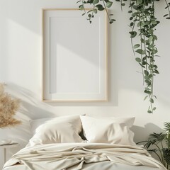 Frame mockup, modern bedroom home interior, wall poster frame, 3D render